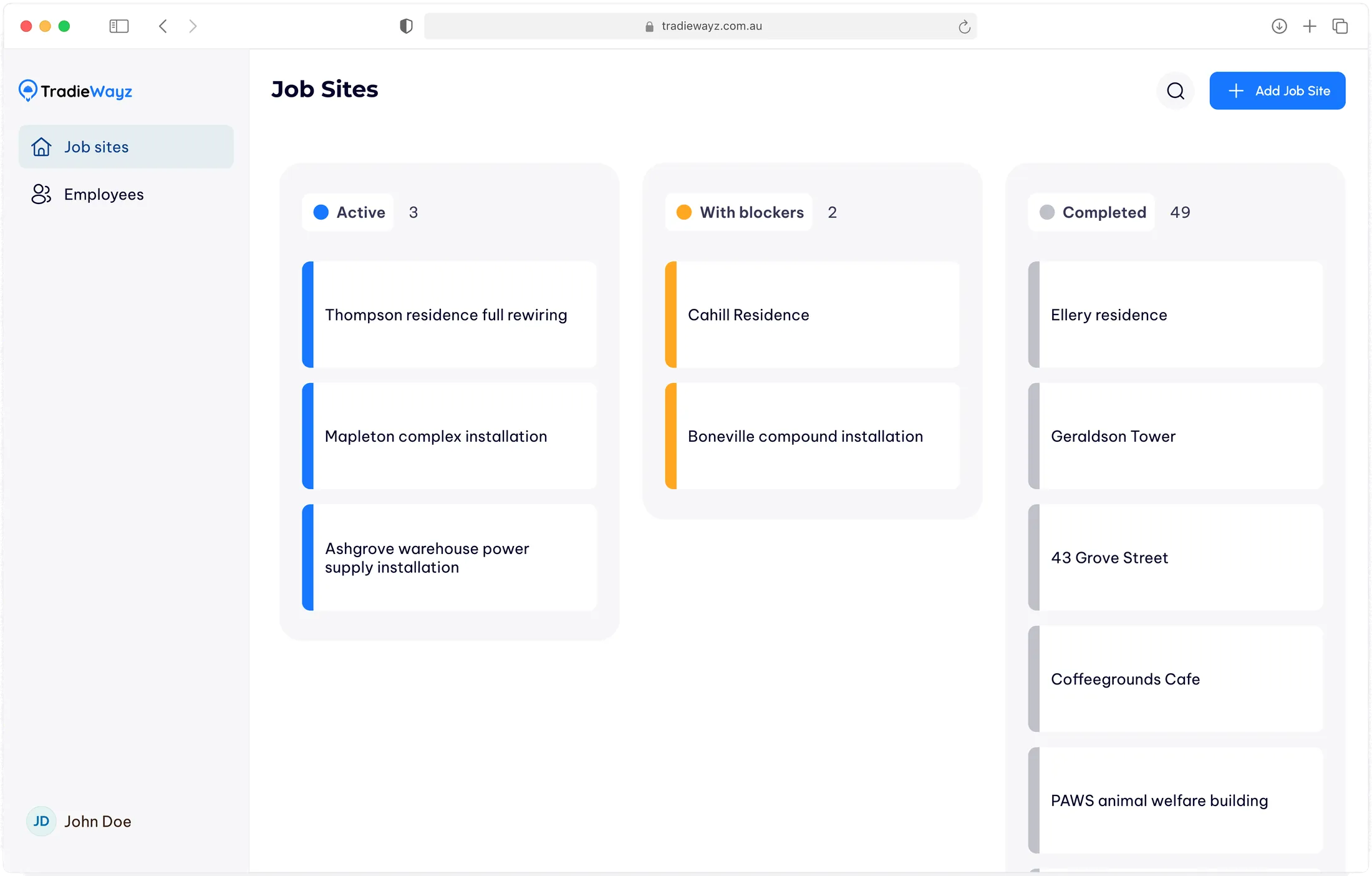 TradieWayz job management dashboard showing active, blocked and completed job sites